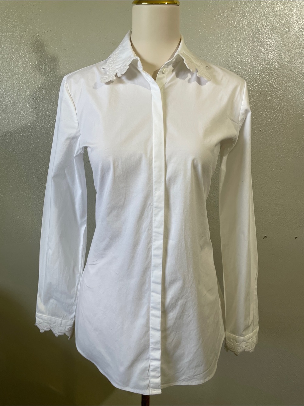 Anne Fontaine White Stretch Hidden Button Lace Collar Shirt EU 38 Small Tailored